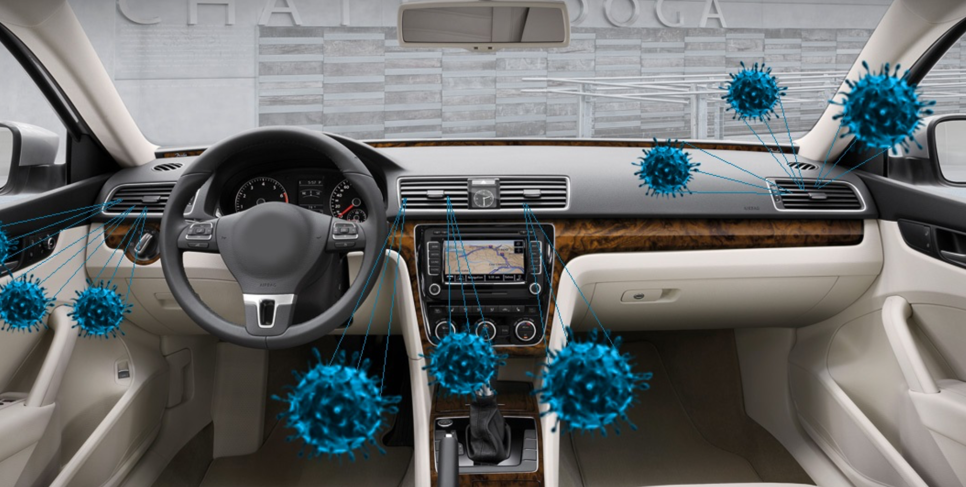 vizualizace toho kde se necházejí bakterie v interiéru auta