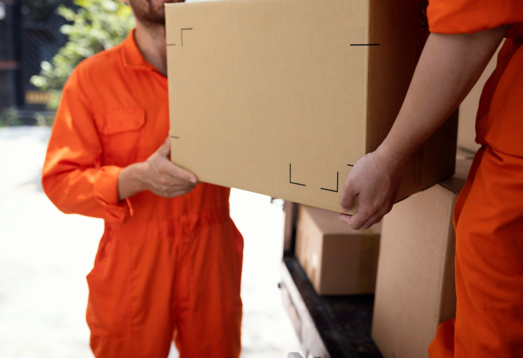 muži v oranžových montérkách stěhující krabici