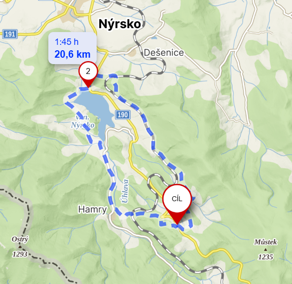 Mapa- Cyklotrasa z Hojsovo Stráže k vodní nádrži Nýrsko a zpět