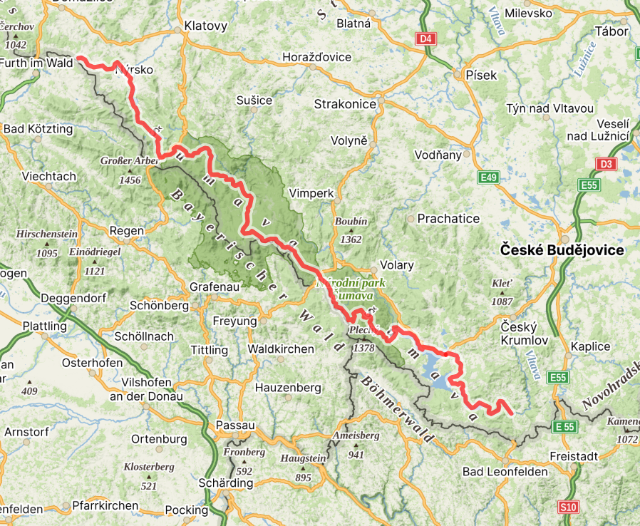 Šumavská cyklomagistrála vyznačená na mapě